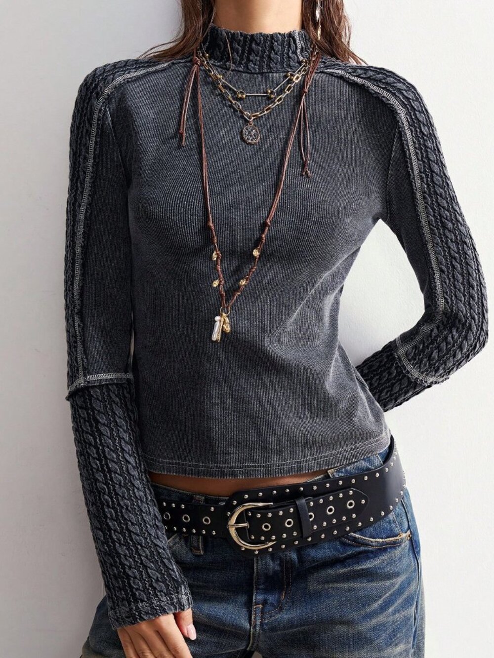 Black Casual Women's Cable-knit Stand Collar Raglan Long Sleeve T-Shirt - Picture 4 of 10